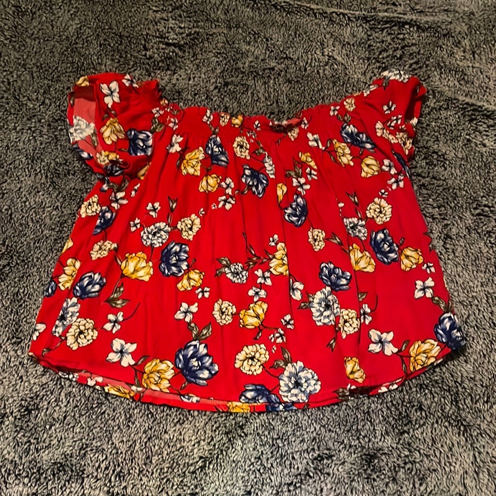 Garage brand, red crop top with blue and yellow flowers, worn a few times